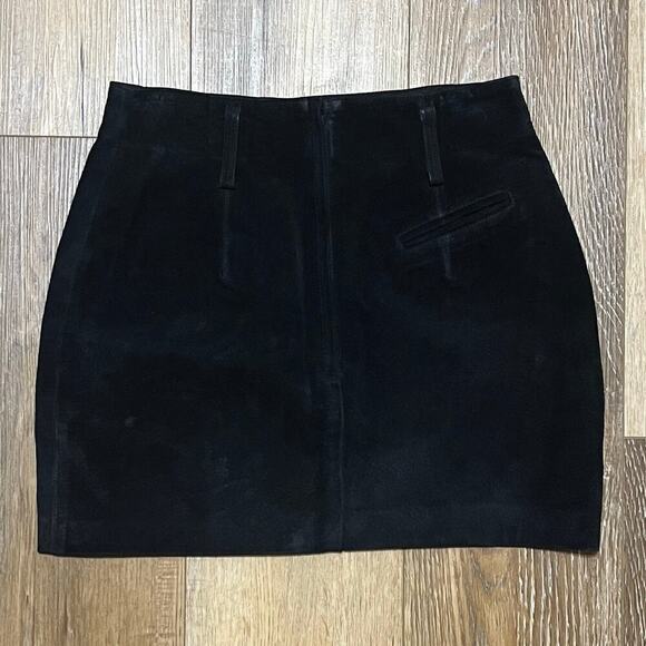 Vtg Express Compagnie Internationale Suede Leather Mini Skirt Black 5/6 Classic - Picture 3 of 7